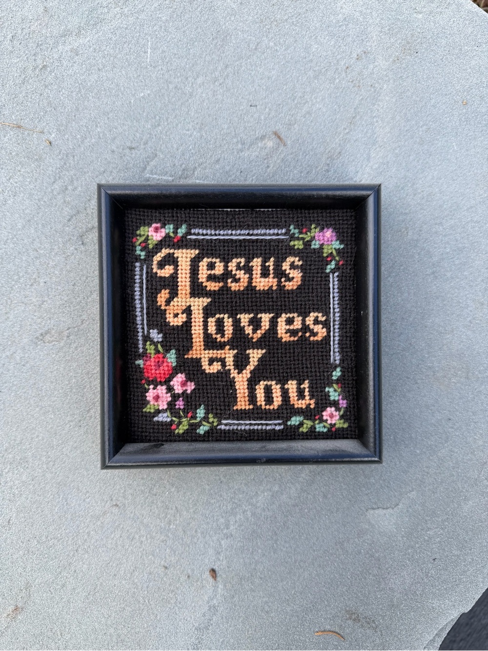 Vintage Jesus Loves You Framed Cross-Stitch Wall Art - Black & Peach